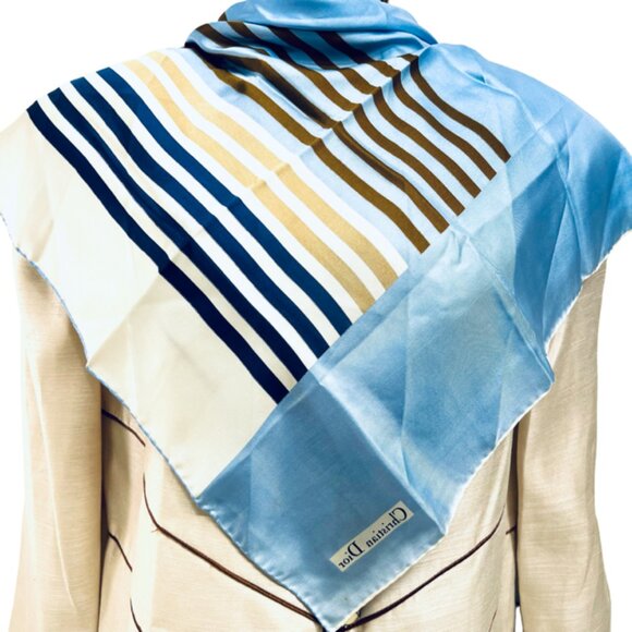 Vimtage Christian Dior 100% silk scarf satin, 22" blue white black stripe  (81) - Picture 1 of 9